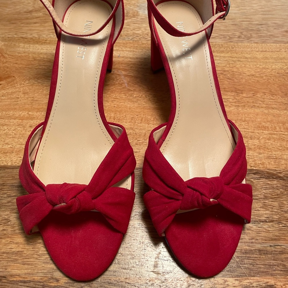 Red suede sandal pumps. Almost new. Worn once.